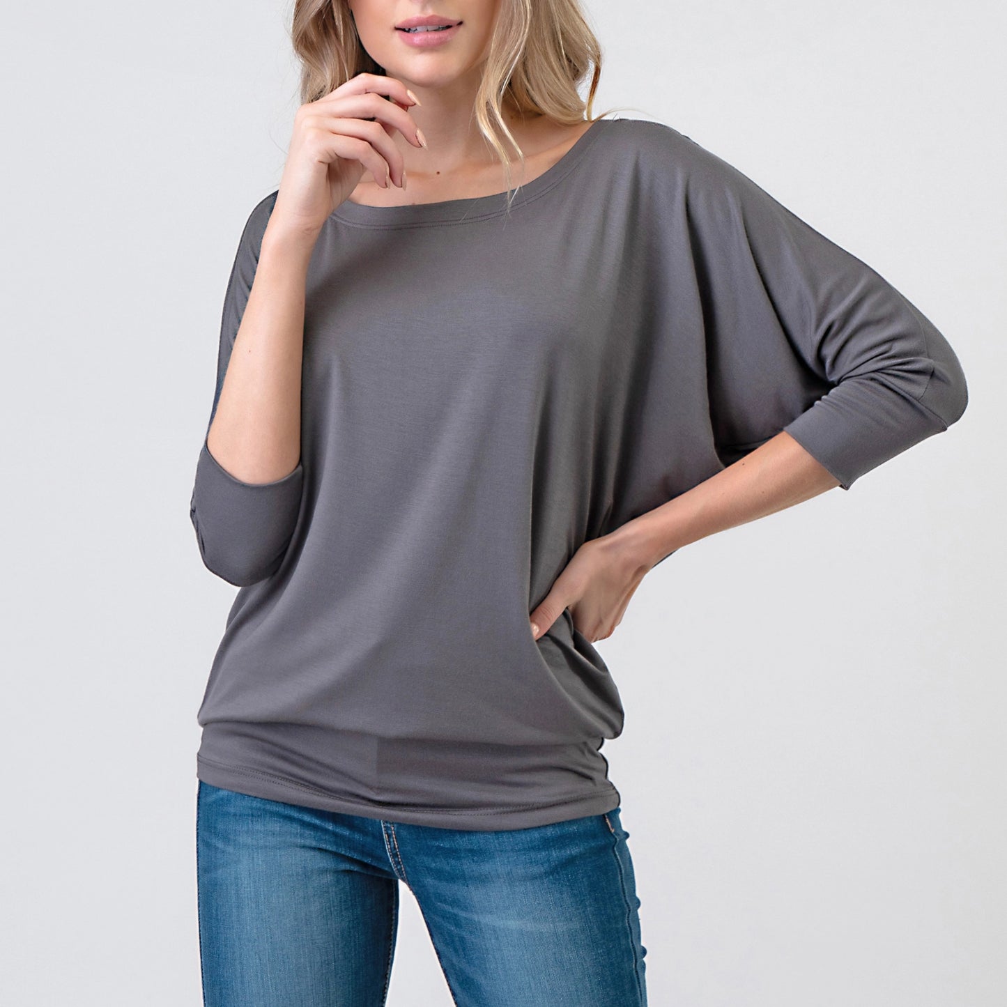 3/4 Dolman Sleeve Jersey Top - Charcoal