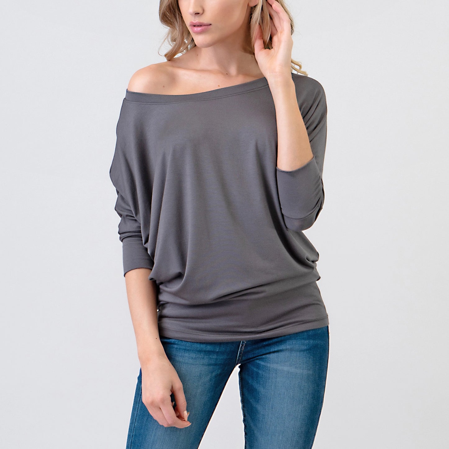 3/4 Dolman Sleeve Jersey Top - Charcoal