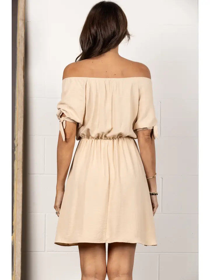 Taupe Off Shoulder Elastic Waist Mini Dress - Mama Said Boutique